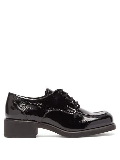 Square-toe Creased Patent-leather Shoes - Womens - Black