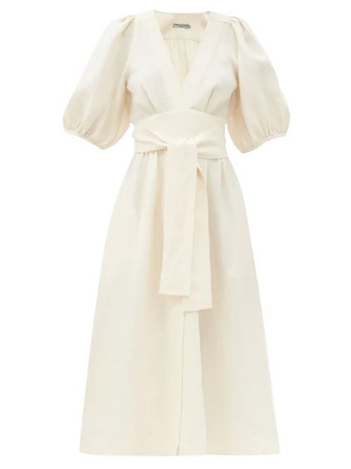 Three Graces London - Fiona Puff-sleeve Tie-waist Linen Midi Dress - Womens - Ivory