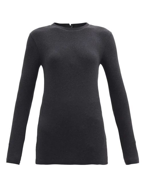 Ribbed Cotton-blend Jersey Long-sleeved T-shirt - Womens - Dark Grey