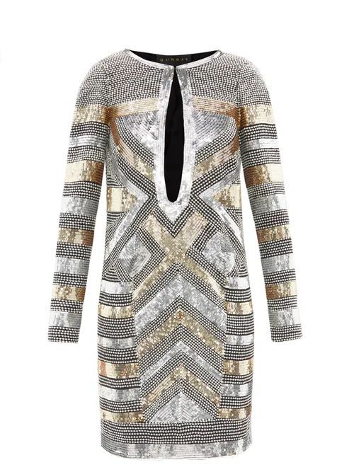 Sequin And Crystal-embellished Silk Mini Dress - Womens - Silver Gold