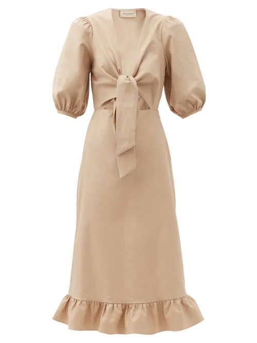 Tie-front Cutout Cotton-blend Midi Dress - Womens - Beige