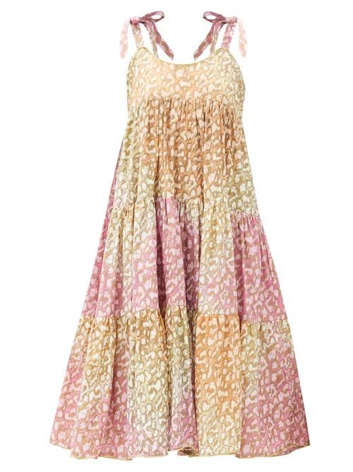 Snow-leopard Tie-dye Tiered Cotton Dress - Womens - Pink Print