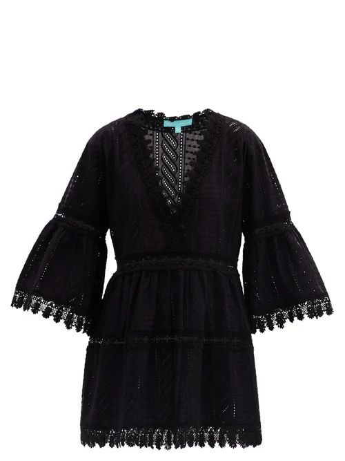 Victoria Bell-sleeve Embroidered-cotton Mini Dress - Womens - Black