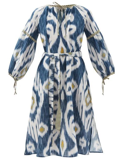 Uzbek Belted Ikat-print Cotton Dress - Womens - Blue Multi
