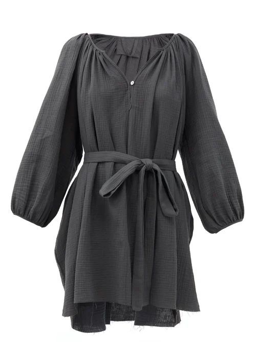 Raw-hem Belted Organic-cotton Dress - Womens - Dark Grey