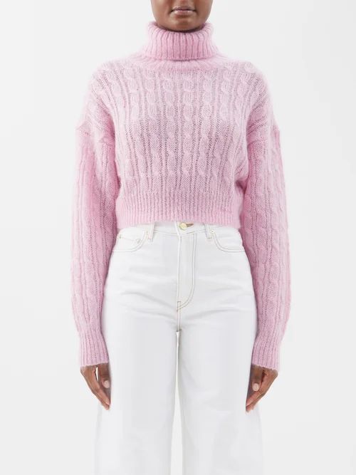 Roll-neck Cable-knit Mohair-blend Sweater - Womens - Light Pink