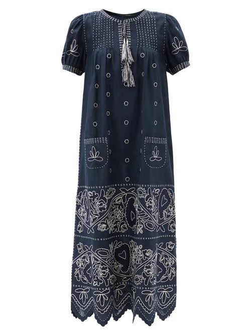 Rushka Embroidered Linen Dress - Womens - Navy White