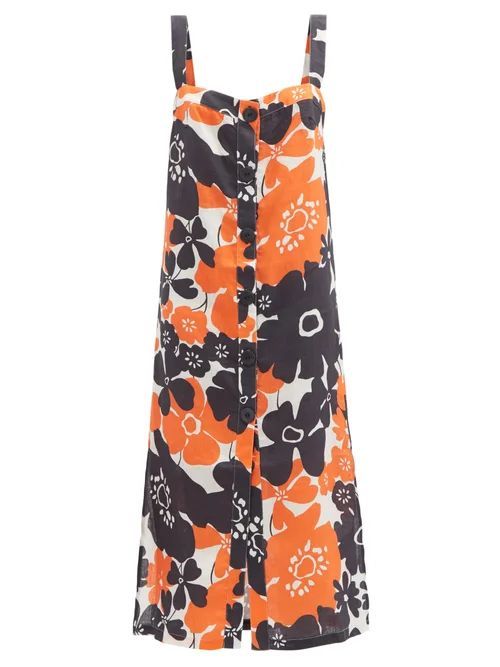 Tamara Floral-print Linen Midi Dress - Womens - Orange Print