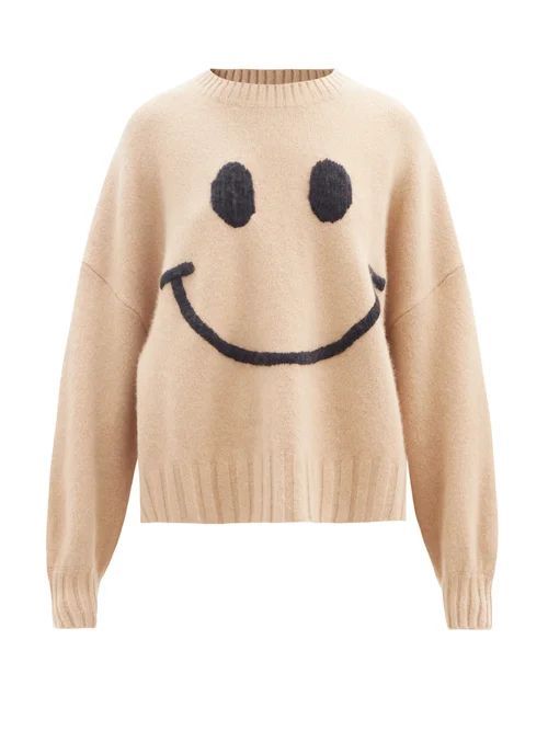 Smiling Face-embroidered Merino Wool-blend Sweater - Womens - Camel