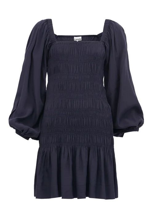 Square-neck Shirred Ripstop Mini Dress - Womens - Navy