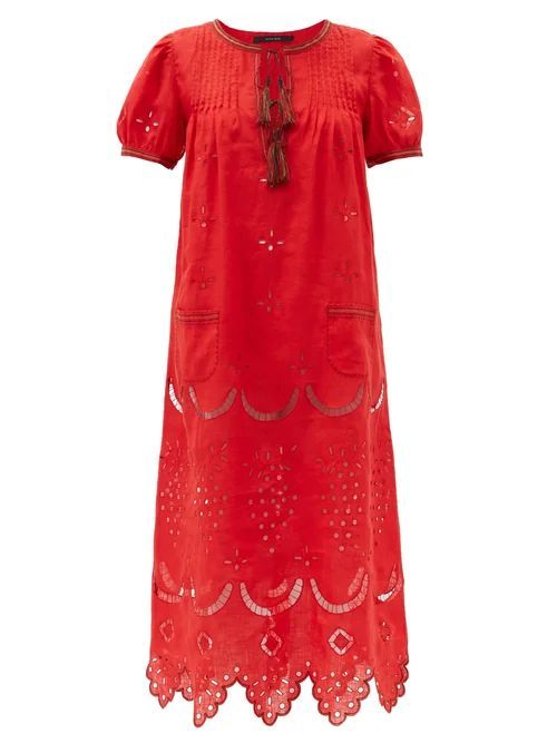 Veronica Tassel-neck Embroidered Linen Midi Dress - Womens - Red