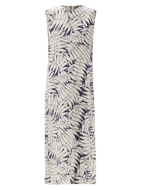 Spotty Fern-print Silk Crepe De Chine Maxi Dress - Womens - Navy Print