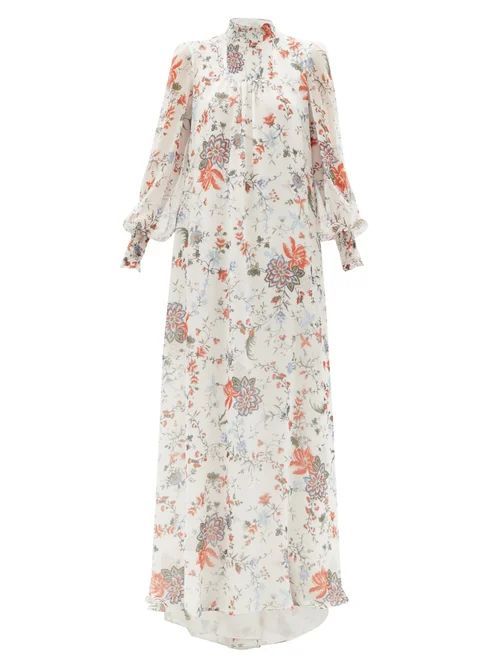 Rosalind High-neck Floral-print Silk Gown - Womens - White Multi