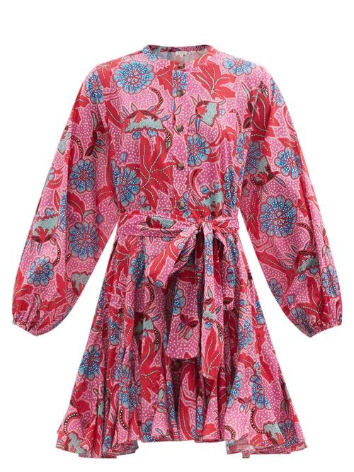 Rhode - Emma Fluted Floral-print Cotton-poplin Mini Dress - Womens - Pink Print