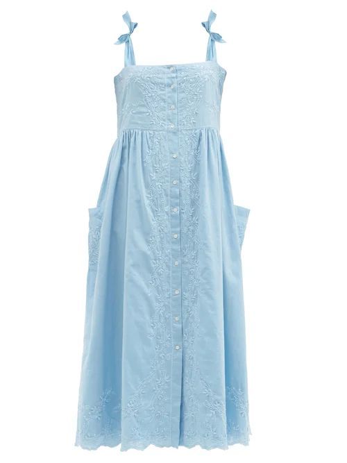 Tie-shoulder Floral-embroidered Cotton Dress - Womens - Blue