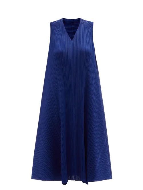 V-neck Technical-pleated Trapeze Dress - Womens - Blue