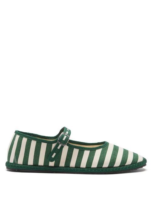 Striped Canvas Mary Jane Flats - Womens - Green White