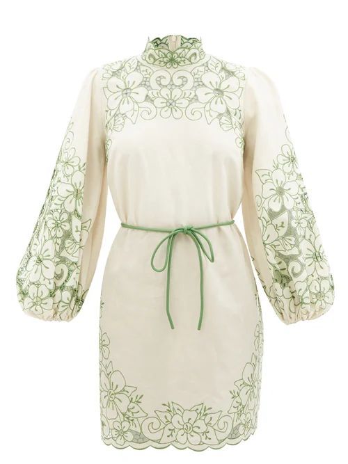Teddy Floral-embroidered Linen-blend Mini Dress - Womens - Green