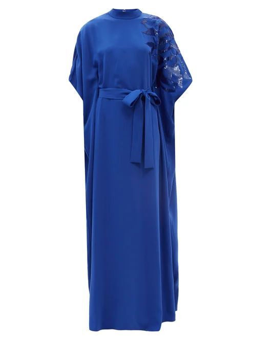 Sequinned Sash-waist Crepe Maxi Dress - Womens - Blue