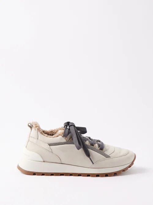 Shearling-lined Leather Trainers - Womens - Taupe