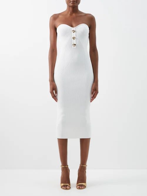 Strapless Ribbed-knit Midi Dress - Womens - White