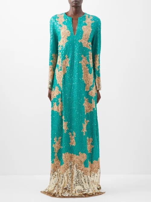 Sequin-embroidered Tulle Gown - Womens - Blue Gold