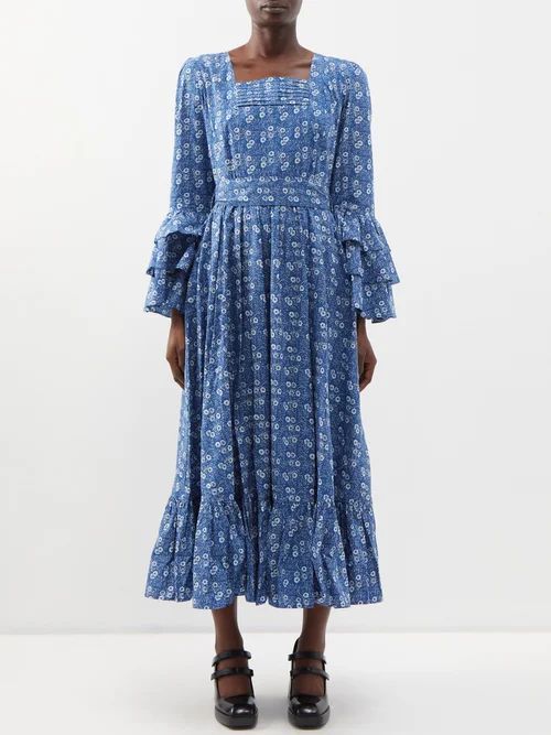 X Laura Ashley The Waverley Cotton Midi Dress - Womens - Blue Multi