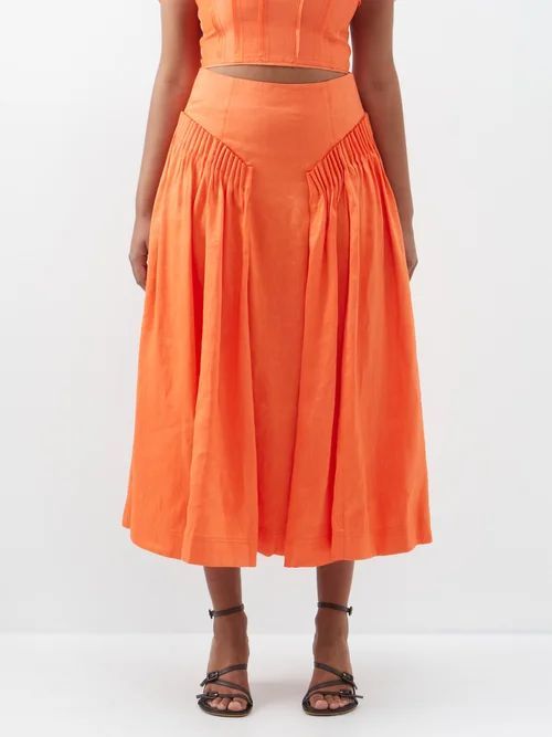 Yves Pleated Linen-blend Skirt - Womens - Orange