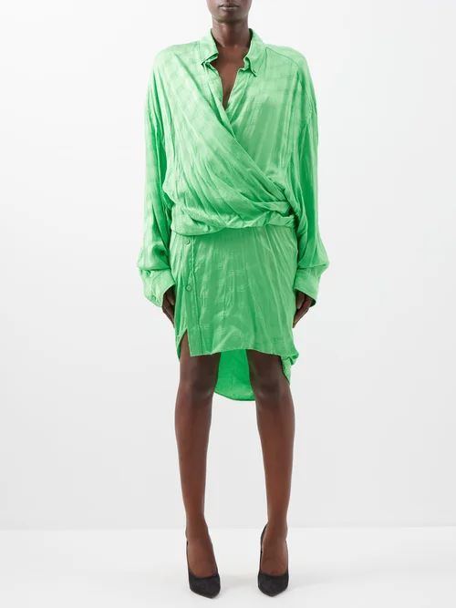 Wrap-front Bb-jacquard Dress - Womens - Green