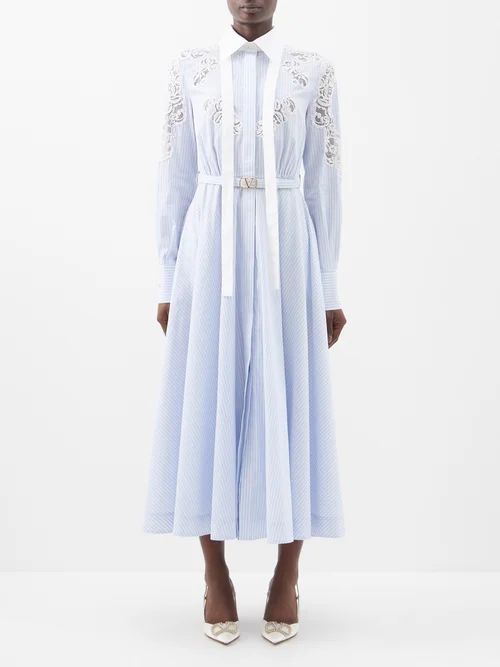 Lace-insert Striped Cotton-poplin Shirt Dress - Womens - Blue White