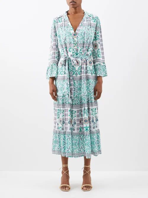 Willow V-neck Vine-print Voile Midi Dress - Womens - Green Print