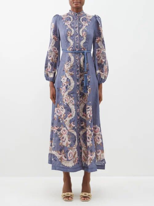 Vitali Printed Linen Dress - Womens - Blue Multi