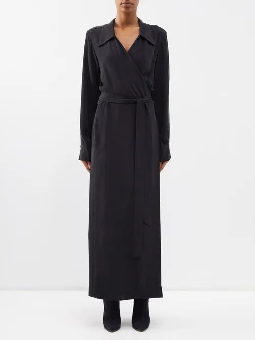 Wrap Draped Silk Shirtdress - Womens - Black