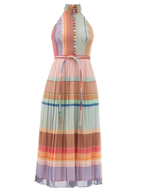 Zimmermann - Halterneck Striped Pleated Silk-crepe Midi Dress - Womens - Multi