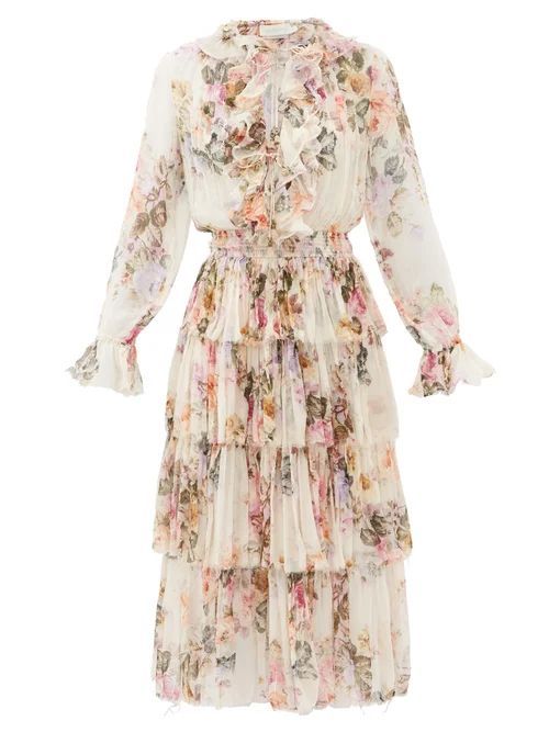 Zimmermann - Brighton Tiered Floral-print Silk-georgette Dress - Womens - White Print