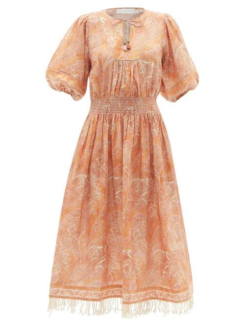 Zimmermann - Brighton Paisley-print Linen Dress - Womens - Orange Print