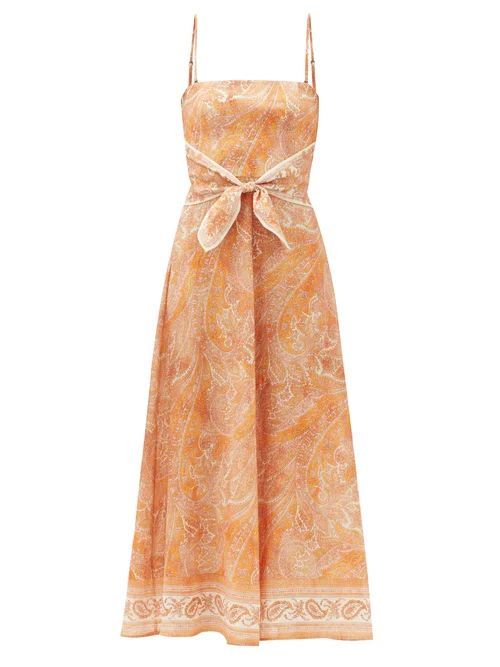 Zimmermann - Brighton Tie-waist Paisley-print Linen Midi Dress - Womens - Orange Print