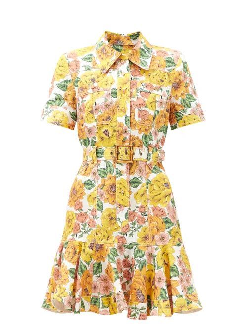 Zimmermann - Poppy Sunshine Floral-print Linen Mini Shirt Dress - Womens - Yellow Print