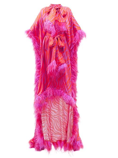 Zebra-stripe Feather-trimmed Satin Gown - Womens - Pink Print