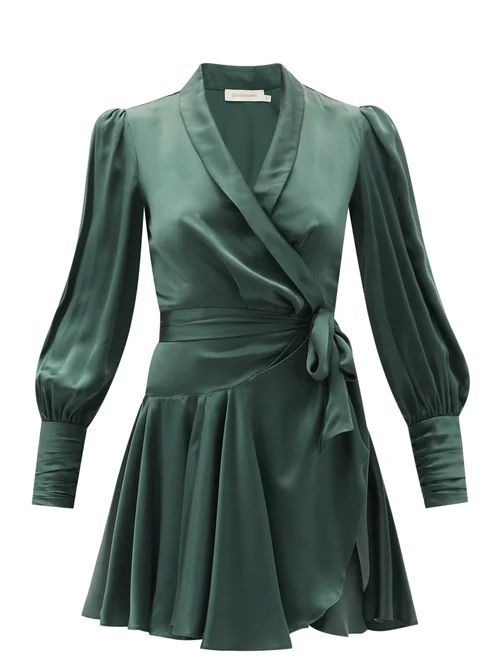 Zimmermann - Bishop-sleeve Silk Wrap Mini Dress - Womens - Green