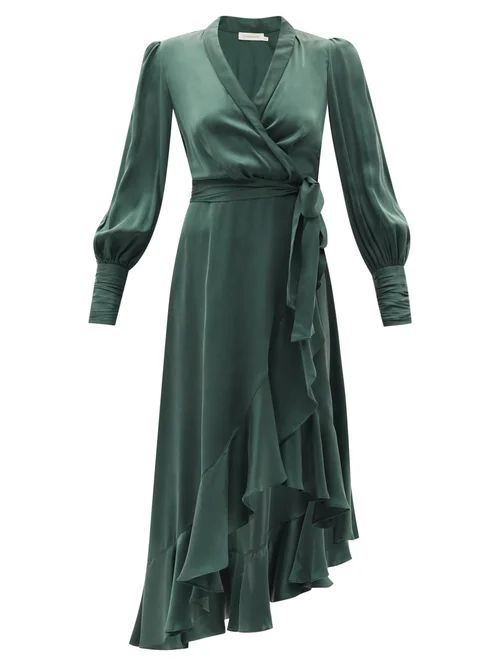 Zimmermann - Bishop-sleeve Silk Wrap Midi Dress - Womens - Green