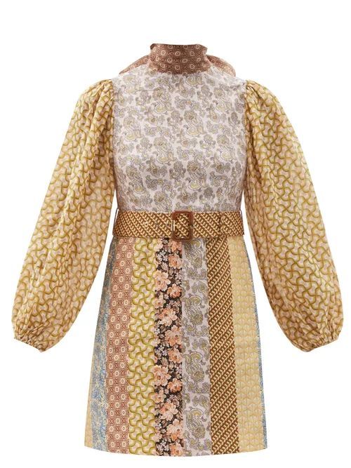 Zimmermann - High-neck Patchwork Linen Mini Dress - Womens - Brown Stripe