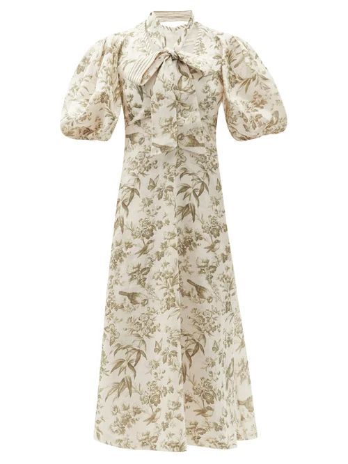 Zimmermann - Puff-sleeve Bird-print Linen Midi Dress - Womens - White Print