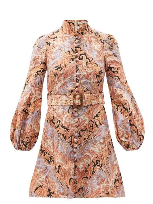 Zimmermann - Botanica Belted Chevron Paisley-print Linen Dress - Womens - Pink Multi