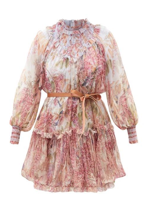 Zimmermann - Botanica Smocked Floral-print Silk Mini Dress - Womens - Pink Print