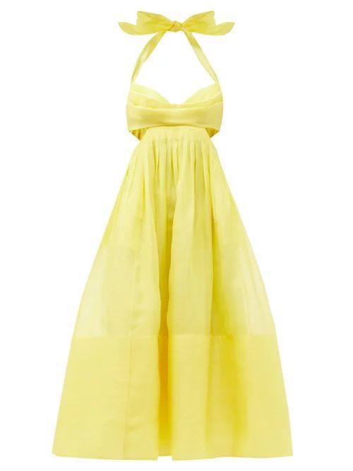 Zimmermann - Botanica Halterneck Linen-blend Midi Dress - Womens - Yellow
