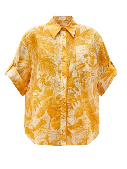 Zimmermann - Mae Palm-print Cotton-voile Short-sleeved Shirt - Womens - Yellow