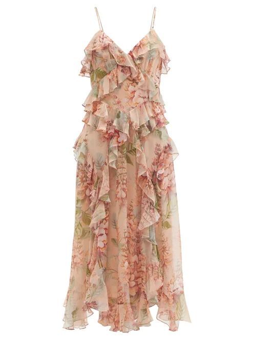 Zimmermann - Candescent Coral Tree-print Silk-chiffon Dress - Womens - Pink Print