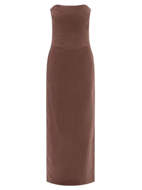 Strapless Linen Maxi Dress - Womens - Brown