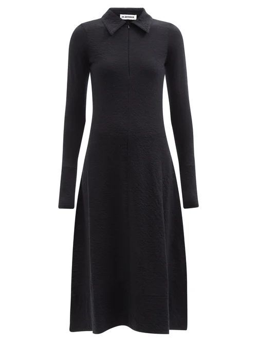 Zip-front Wool-blend Midi Dress - Womens - Black